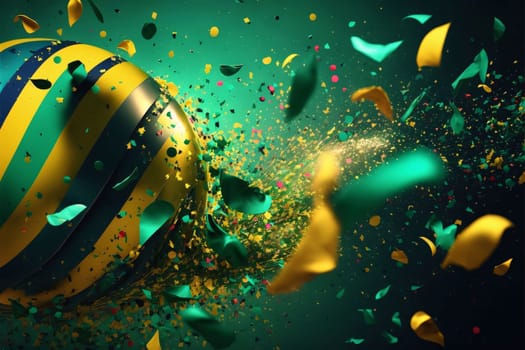 Abstract background design: 3d rendering of a soccer ball with confetti on green background