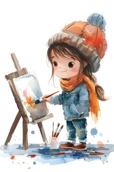 A happy little girl is creating a cartoon painting on an easel using water colors. Her gestures show her love for art and drawing illustrations in visual arts