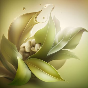 Abstract background design: 3D illustration, beautiful floral background, green leaves and water drops