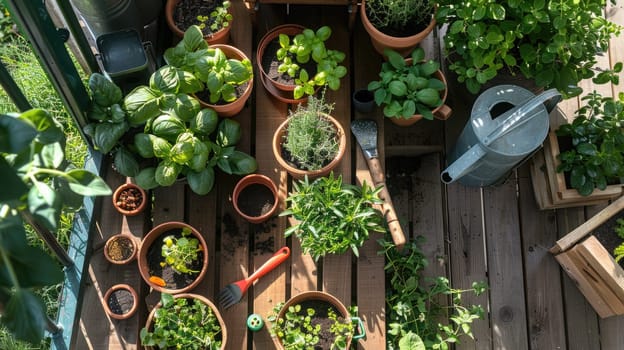 A table adorned with potted plants, gardening tools, and surrounded by lush greenery creates a tranquil and inviting atmosphere AIG50