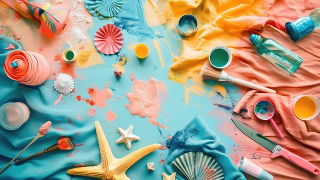 A variety of fabrics and flowers, including electric blue petals and roses, are arranged on a table alongside fictional characters and fractal art AIG50