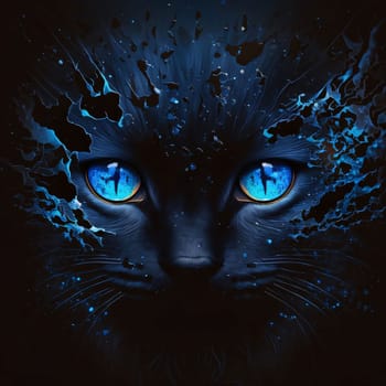 Abstract background design: Cat with blue eyes and splashes of water on a black background