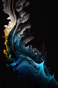 Abstract background design: abstract blue and yellow waves on black background, digitally generated image