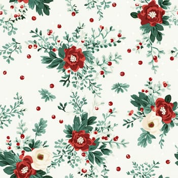 Seamless pattern, tileable Christmas holiday floral, country flowers dots print, English countryside roses for wallpaper, wrapping paper, scrapbook, fabric and product design motif