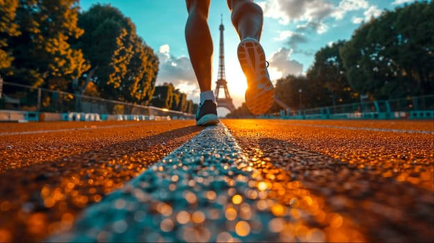 Runners shoes captured in motion on a track with the Eiffel Tower in the background during sunset