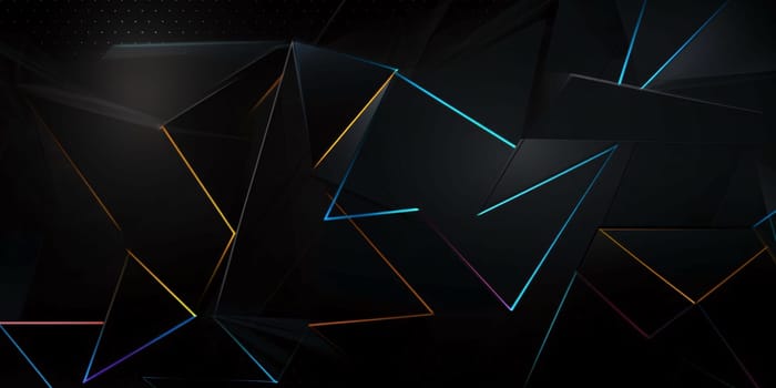 Abstract background design: 3d illustration of abstract geometric background, black and blue glowing triangles