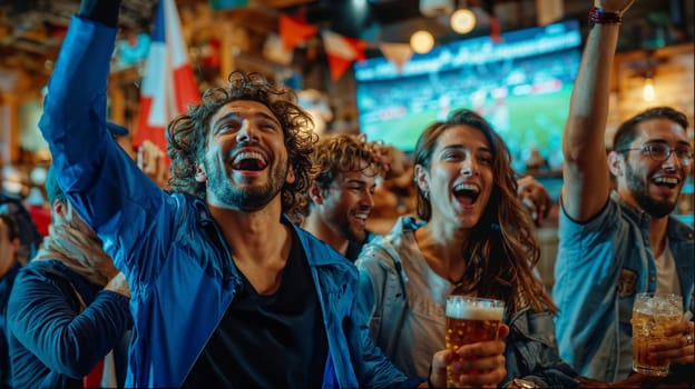 Group of joyous sports fans with beer in hand and French flags cheering in a lively bar atmosphere