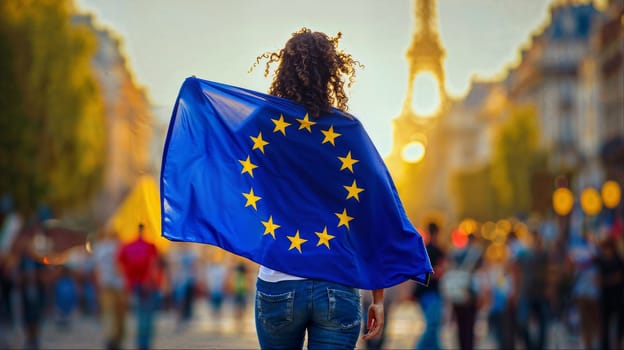 A woman walks down the street of Paris and proudly holds the European Union flag with concentration and determination