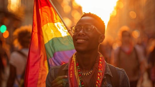 A smiling man proudly lifts the rainbow flag, celebrating at a pride parade against a warm sunset backdrop