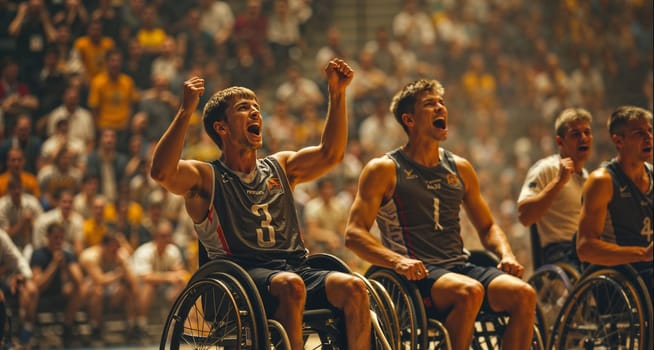 A group of men in wheelchairs cheer and celebrate enthusiastically, showing team spirit and joy in a sports event.