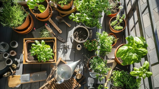 A table adorned with potted plants, gardening tools, and surrounded by lush greenery creates a tranquil and inviting atmosphere AIG50