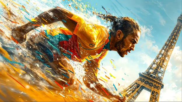 Illustration of an athlete running in front of the iconic Eiffel Tower in vibrant colors