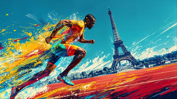 A vibrant painting capturing a man in motion running with the iconic Eiffel Tower in the background