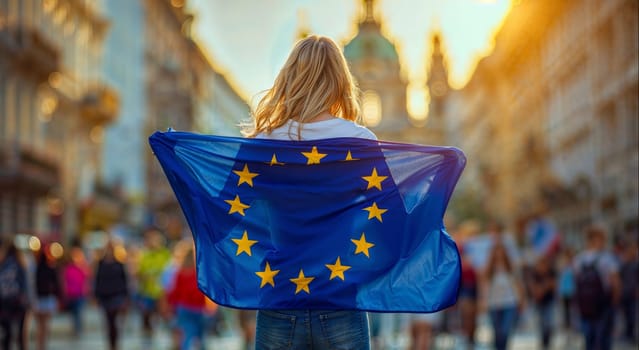 A woman proudly holds a European flag in the middle of a Rome street