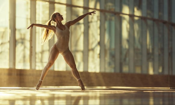 A blonde ballet dancer in white attire and pointe shoes showcases her grace during a sunset performance