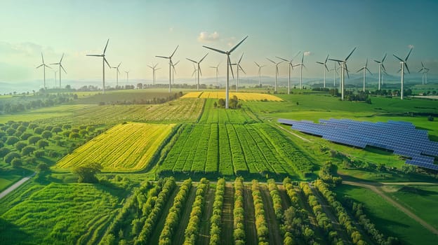 A farm with multiple wind turbines in the background, captured from above in a rural landscape setting