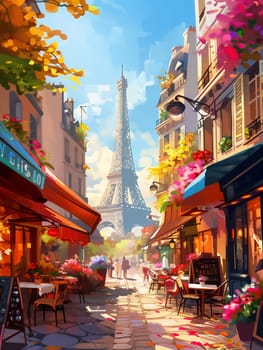 A vibrant Parisian street basks in the sun, adorned with colorful flowers, as the Eiffel Tower looms in the background