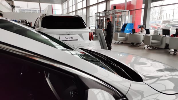 Cheboksary, Russia - March 20, 2023: Cars in showroom of dealership KIA