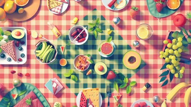 A picnic spread with tableware, fruit, and flowers on a plaid blanket. Enjoy natural foods, vegetable dishes, and a beautiful outdoor event AIG50