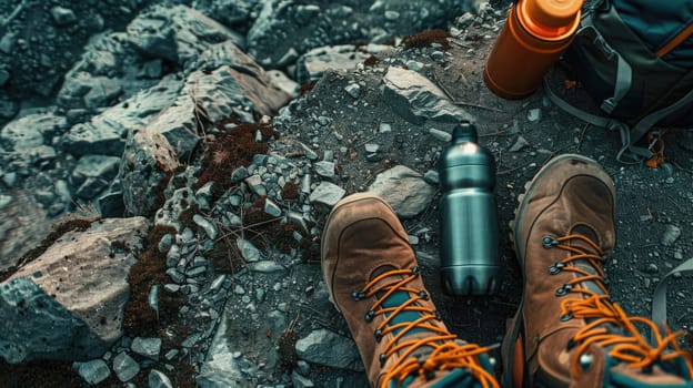 Hiking boots and gear ready for an outdoor adventure, set against a rocky terrain. AIG50