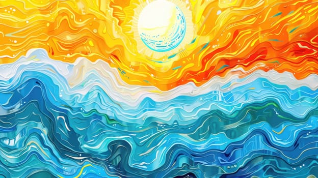 A detailed image capturing the vibrant colors of a rainbow reflecting off a body of water, with patterns resembling wind waves and clouds, depicted in a painting with electric blue hues AIG50