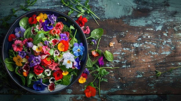 A colorful salad bowl decorated with edible flowers sits on a rustic wooden table, creating a beautiful and artistic display of natures bounty AIG50