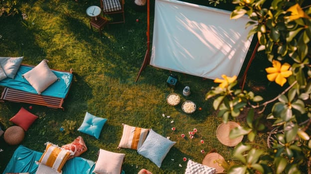 A picnic blanket is spread out on a vibrant green lawn surrounded by tall trees, shrubs, and colorful flowers, creating a picturesque tableau for a relaxing outdoor event AIG50