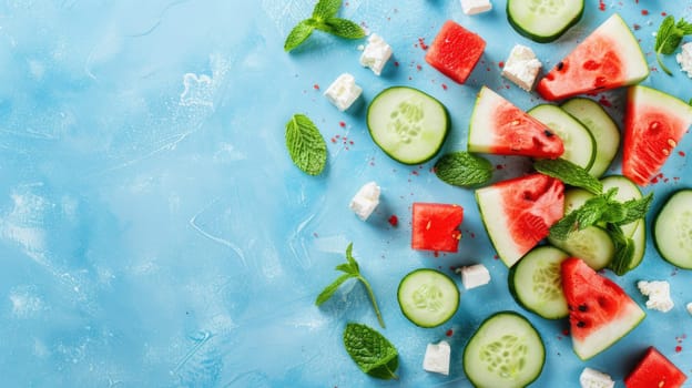 A refreshing salad featuring watermelon, cucumbers, feta cheese, and mint, served on a vibrant blue background. This dish combines fresh ingredients to create a colorful and delicious cuisine staple AIG50