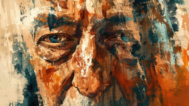A portrait of creative realistic painting of old middle aged man with wrinkled face and was painted with brown brush. Represent emotional of upset, sorrow, unhappy. Modern impressionist art. AIG42.