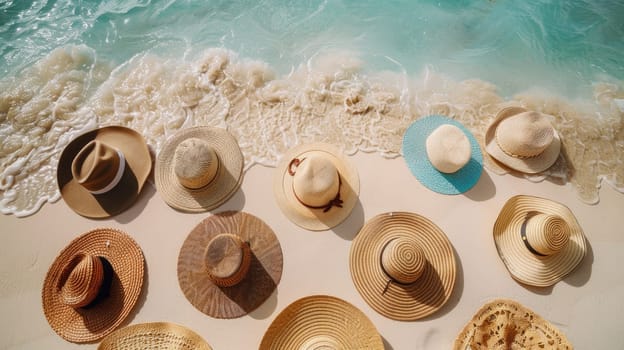A stack of hats forming a circle pattern on the beach, resembling a fluid organism in an art installation. This unique recreation blends science and creativity in a liquidlike display AIG50