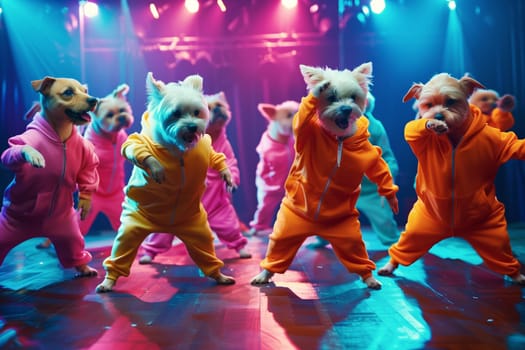 Group of cheerful funny dogs dancers in tracksuits dancing disco on the dance floor together