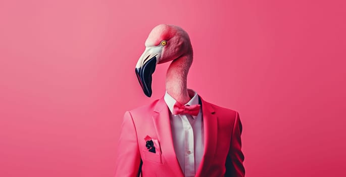 Portrait of stylish flamingo bird in a suit looking at the camera on a pink background, animal, creative concept