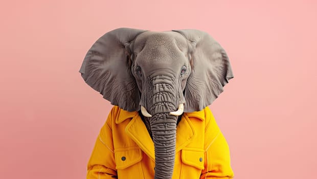 Portrait of stylish funny elephant in yellow suit looking at the camera on a pink background, animal, creative concept