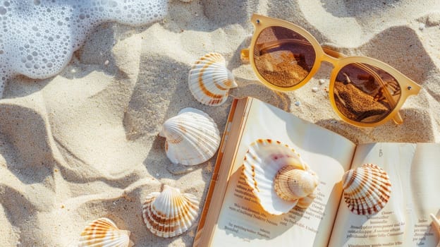 Art meets nature with a display of seashells, a hat, and sunglasses on the beach. The glass, pattern, and fashion accessory create a picturesque event AIG50