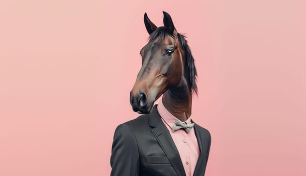 Portrait of stylish horse in a business suit looking away on a pink background, animal, creative concept