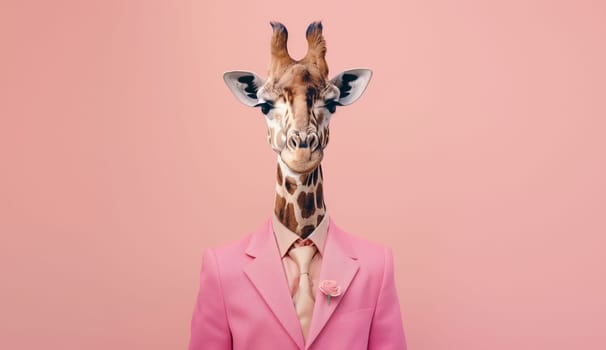 Portrait of stylish funny giraffe in a suit looking at the camera on a pink background, animal, creative concept