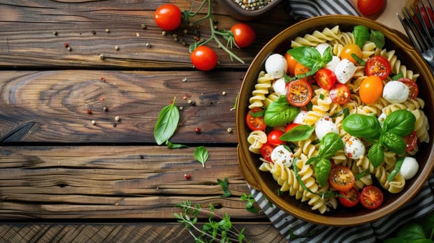 A dish of pasta salad featuring tomatoes, spinach, and mozzarella served on a rustic wooden table. The perfect blend of natural foods and fresh ingredients AIG50