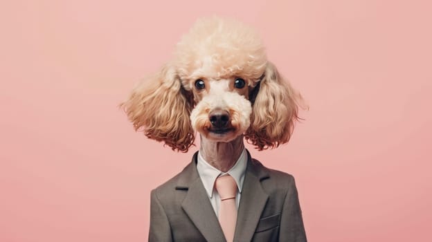 Portrait of stylish funny dog poodle in business suit looking at the camera on a pink background, animal, creative concept