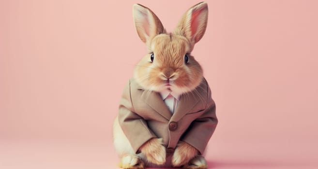 Cute funny bunny in a suit looking at the camera on a pink background, animal, creative concept