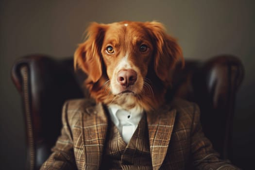 Portrait of stylish elegant dog in business suit sitting in armchair and looking at the camera, animal, creative concept