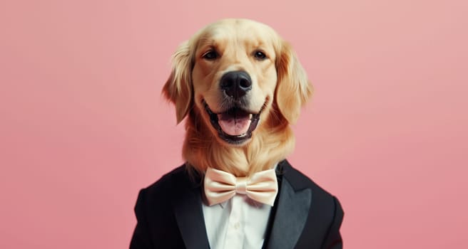 Portrait of happy stylish funny dog gentleman in a suit with bow tie looking at the camera on a pink background, animal, creative concept
