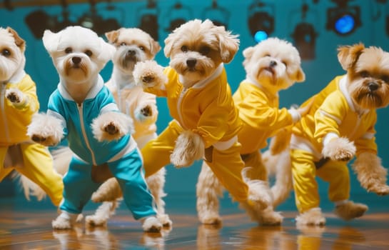 Group of cheerful funny dogs dancers in tracksuits dancing disco on the dance floor together