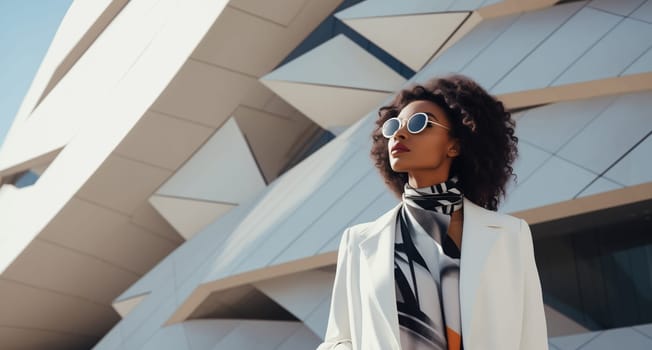 Fashionable portrait of stylish elegant black woman against the minimalism design architecture of a modern art museum building