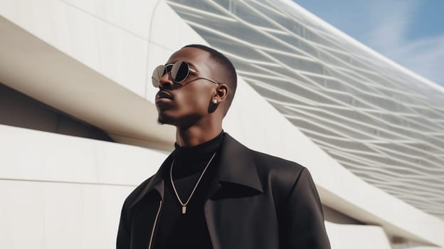 Fashion concept of confident stylish black man in business suit looking away against white minimalism design architecture of a modern art museum building