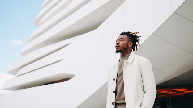 Fashion concept of confident stylish black man in business suit looking away against white minimalism design architecture of a modern art museum building