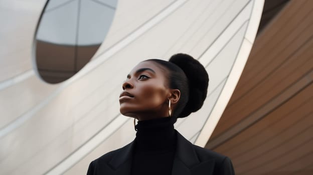 Fashionable portrait of stylish elegant black woman against the minimalism design architecture of a modern art museum building