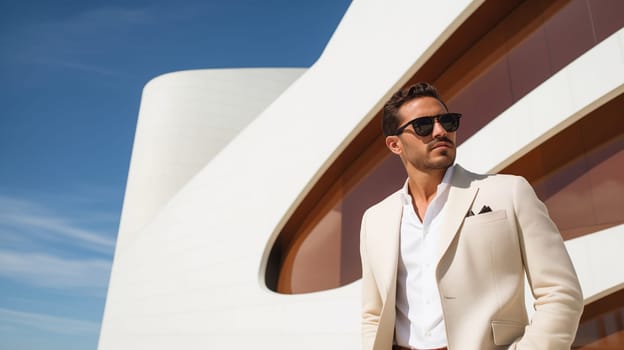 Fashion concept of successful stylish elegant man in white business suit looking away against the minimalism design architecture of a modern art museum building