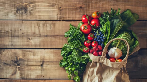 A bag of leaf vegetables, a natural food ingredient full of nutrients, is placed on a rectangular wooden table in preparation for a healthy recipe AIG50