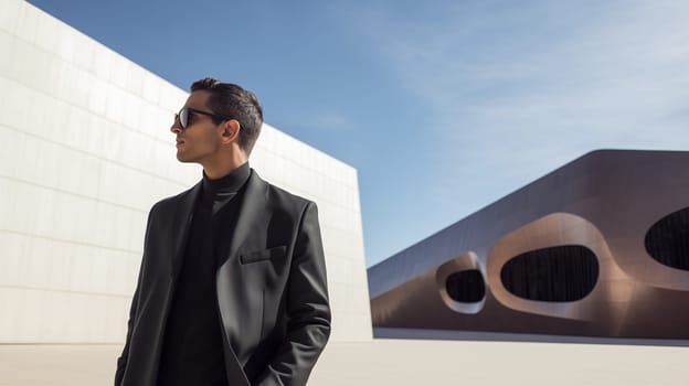 Fashion concept of successful stylish elegant man in black business suit looking away against the minimalism design architecture of a modern art museum building