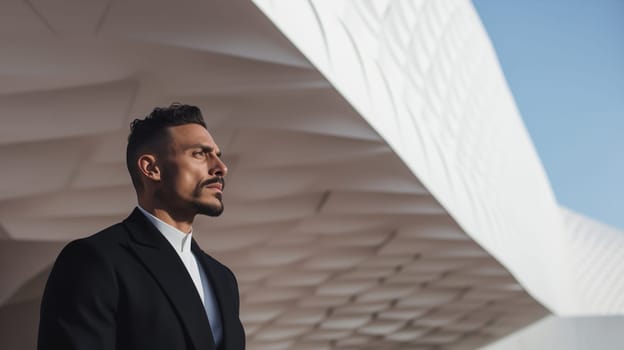 Fashion concept of successful stylish elegant man in black business suit looking away against the minimalism design architecture of a modern art museum building